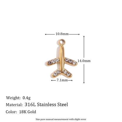 1 Piece 304 Stainless Steel Zircon 18K Gold Plated Heart Shape Key Airplane Polished Pendant